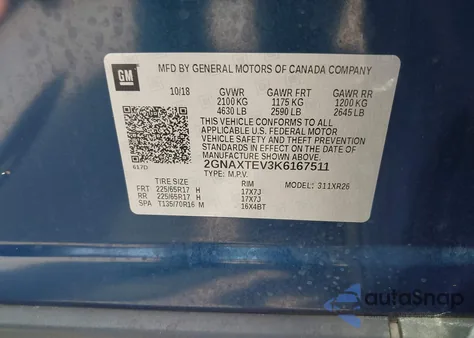 2019 Chevrolet Equinox Lt z USA, uszkodzony, nr VIN 2GNAXTEV3K6167511